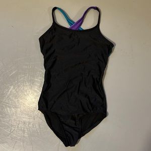 BLACK LEOTARD WITH BLUE AND PURPLE STRAPS!